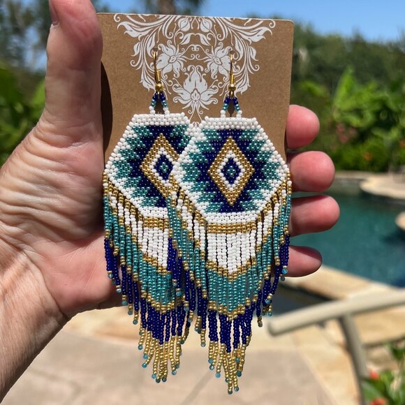 Handmade Beaded Native American Style Long & Large Fringe Dangle Drop Earrings - Picture 8 of 9